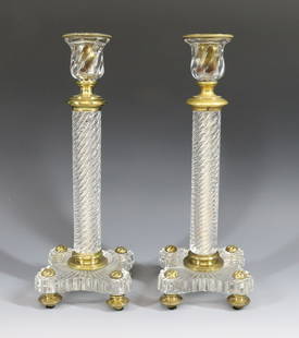 PAIR BACCARAT CANDLESTICKS: WITH BRASS MOUNTS AND FEET SWIRL PATTERN 12 3/4"H X 4 1/2"