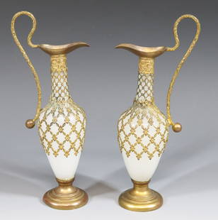 PAIR FRENCH OPALINE EWERS: OPAQUE WHITE GLASS WITH BRASS MOUNTS GRACEFUL FORM PLASTER WEIGHTS IN BASES 81/4"H X 3 1/4"