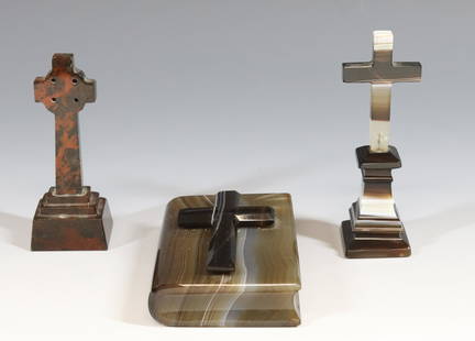 SCOTTISH AGATE BOOK CROSSES: (3) ANTIQUE AGATE BOOK WITH CARVED AGATE CROSS ANTIQUE AGATE CROSS ON PEDESTAL AND MODERN CELTIC CROSS IN RED STONE. ALL HAND CARVED AND POLISHED 1 1/4" X 3 3/4" X 2 1/8" AGATE CROSS 4 3/8" 