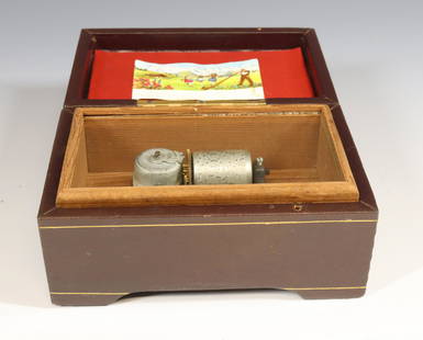 SWISS MUSIC BOX: WITH LEATHER COVERED BOX WITH PRINT OF TWO GENTLEMEN TWO TUNES WORKING 2 3/4" X 5 1/4" X 3 1/4"