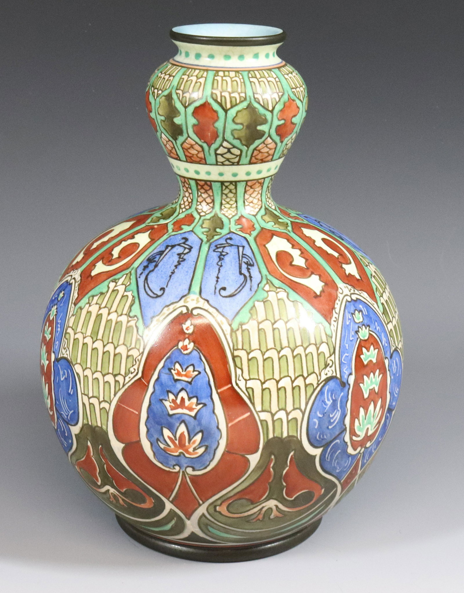 ROYAL BONN DECORATED VASE: ALL OVER DETAILED PAINTING IN MOORISH STYLE ARTIST TEHERON WITH MARKS AND CIPHERS 8 1/2" X 6"