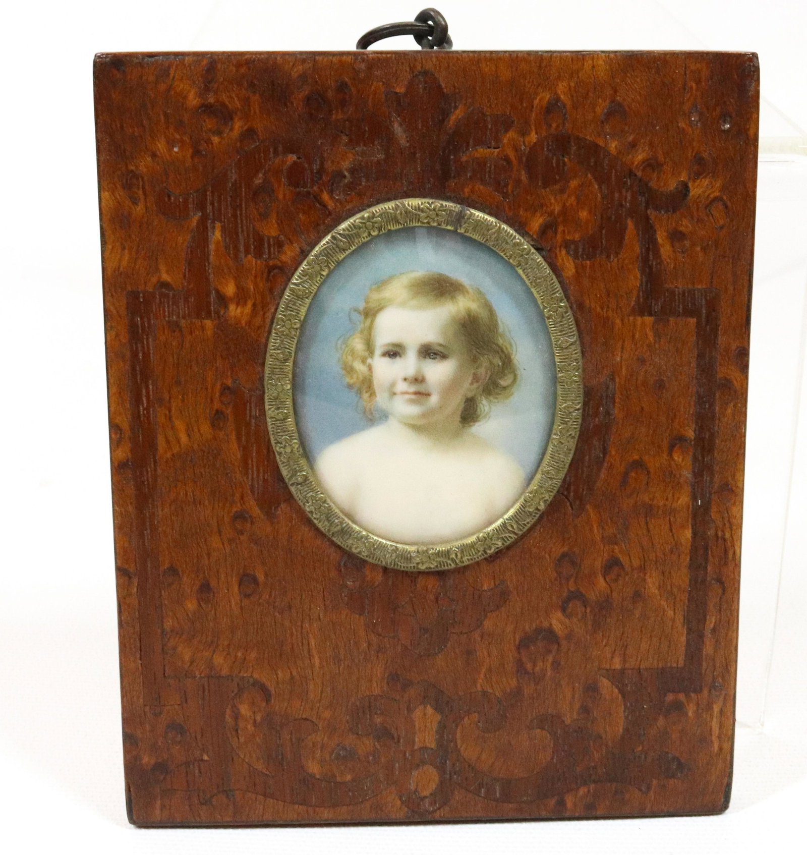 MINIATURE PORTRAIT OF A CHILD: YOUNG CHILD WITH BLOND HAIR PAINTED ON BONE IN INLAID BIRDSEYE MAPLE FRAME EARLY 19TH CENT. 2" X 1 3/4" OVERALL 4 1/2 X 3 1/2"