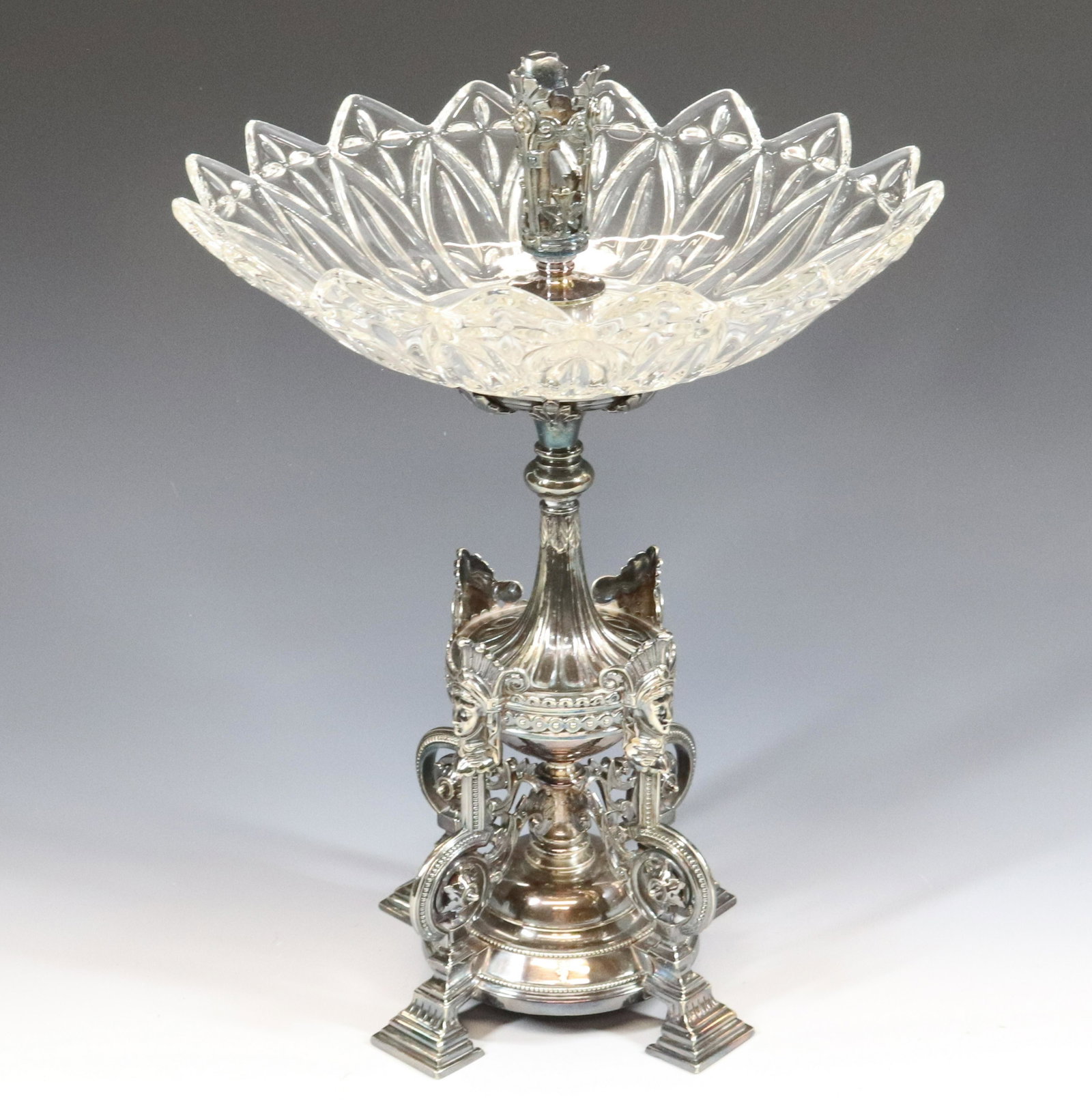 ENGLISH SHEFFIELD CENTER EPERGNE: MID 19TH CENTURY FEMALE BUSTS TOP OF BASE. MARKED T.B. & S. WITH REGISTRY MARK 14" X 5 3/4"