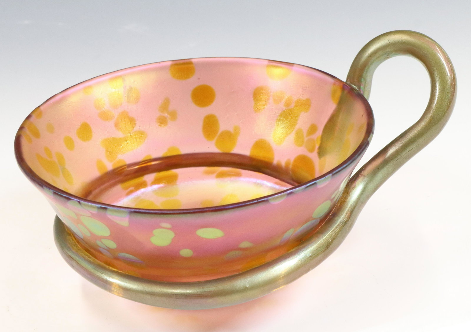 LOETZ OIL SPOT SNAKE HANDLE BOWL: PINK IRIDESCENT WITH APPLIED SNAKE HANDLE. SIGNED LOETZ AUSTRIA 3 3/8"H X 6 1/2"