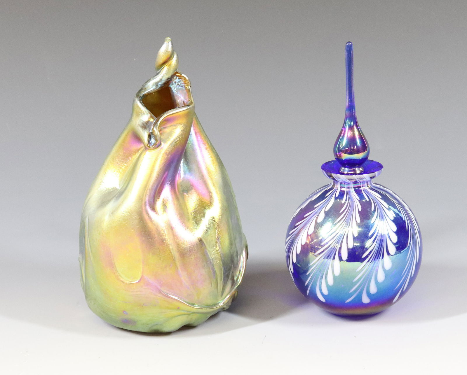 ART GLASS VASE AND PERFUME BOTTLE: AURENE FREE FORM VASE UNMARKED COBALT BLUE PERFUME WITH WHITE FEATHERING 6 1/4"H X 3" 6 1/2" X 3 1/4"