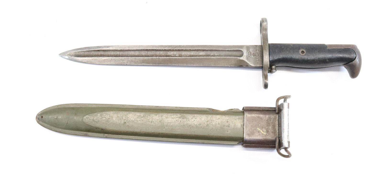 U.S. WWII M1 GARAND BAYONET: BLADE MARKED "PAL 1943" - 15 3/4" O/A IN SCABBARD
