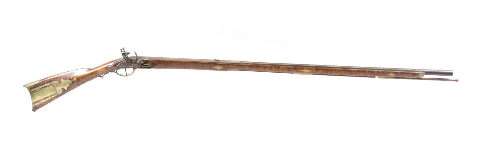 EARLY FLINTLOCK KENTUCKY LONG RIFLE: MARKED ON SIDE LOCK (ILLEGIBLE) - FIGURED GRAIN STOCK, 52 CAL - 58" O/A - BRASS PATCH BOX AND INLAY Registration: NO REGISTRATION REQUIRED