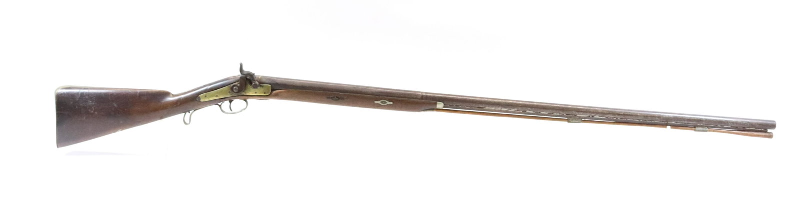 ANTIQUE PERCUSSION MUSKET: ENGRAVED BRASS LOCK PLATE, PROOF MARKS ON TOP OF BARREL, SILVER EAGLE INLAY ON STOCK - MEASURES TO .69 CAL - 57" O/A Registration: NO REGISTRATION REQUIRED