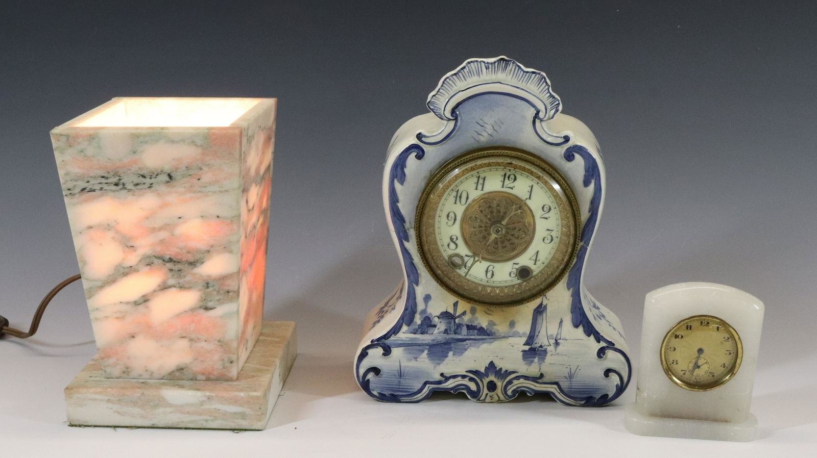 PINK MARBLE LAMP, DELFT CLOCK  AND ALABASTER CLOCK (1 of 3)