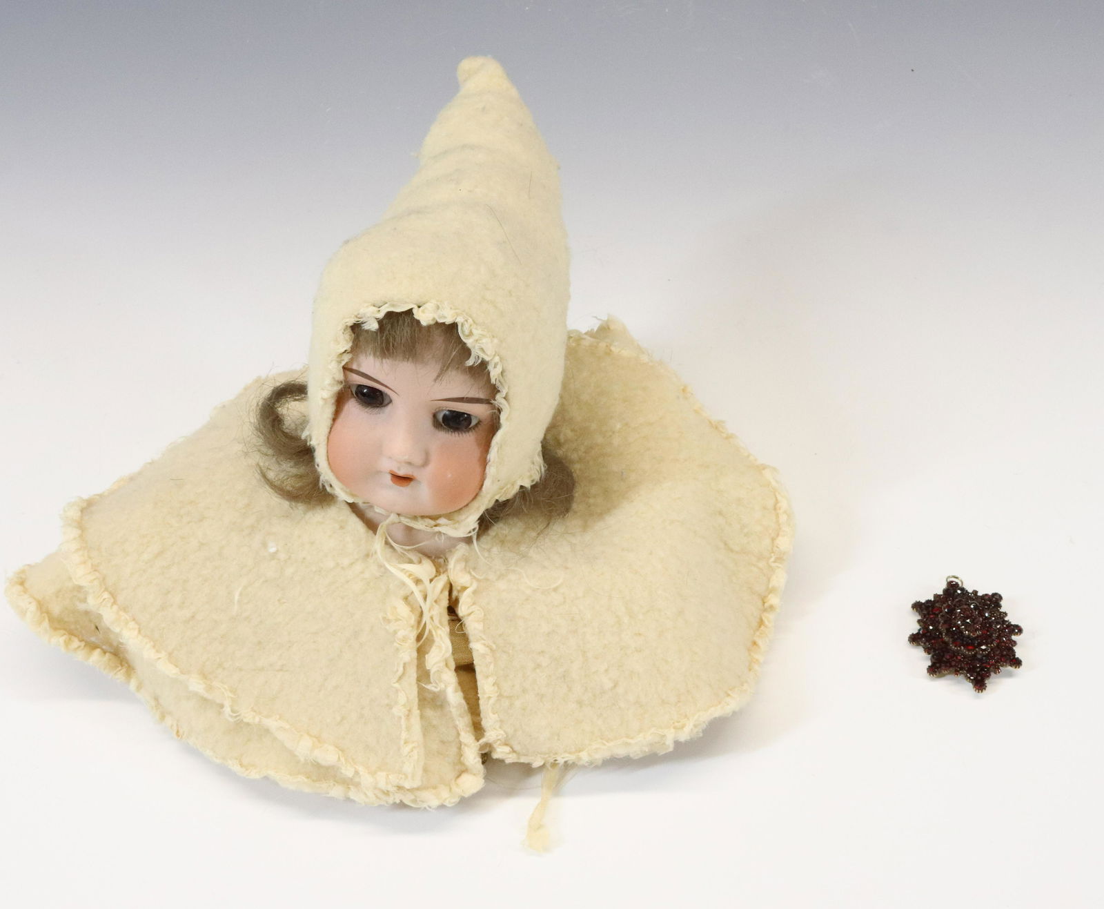 GERMAN BISQUE DOLL PIN CUSHION AND LOCKET (1 of 4)