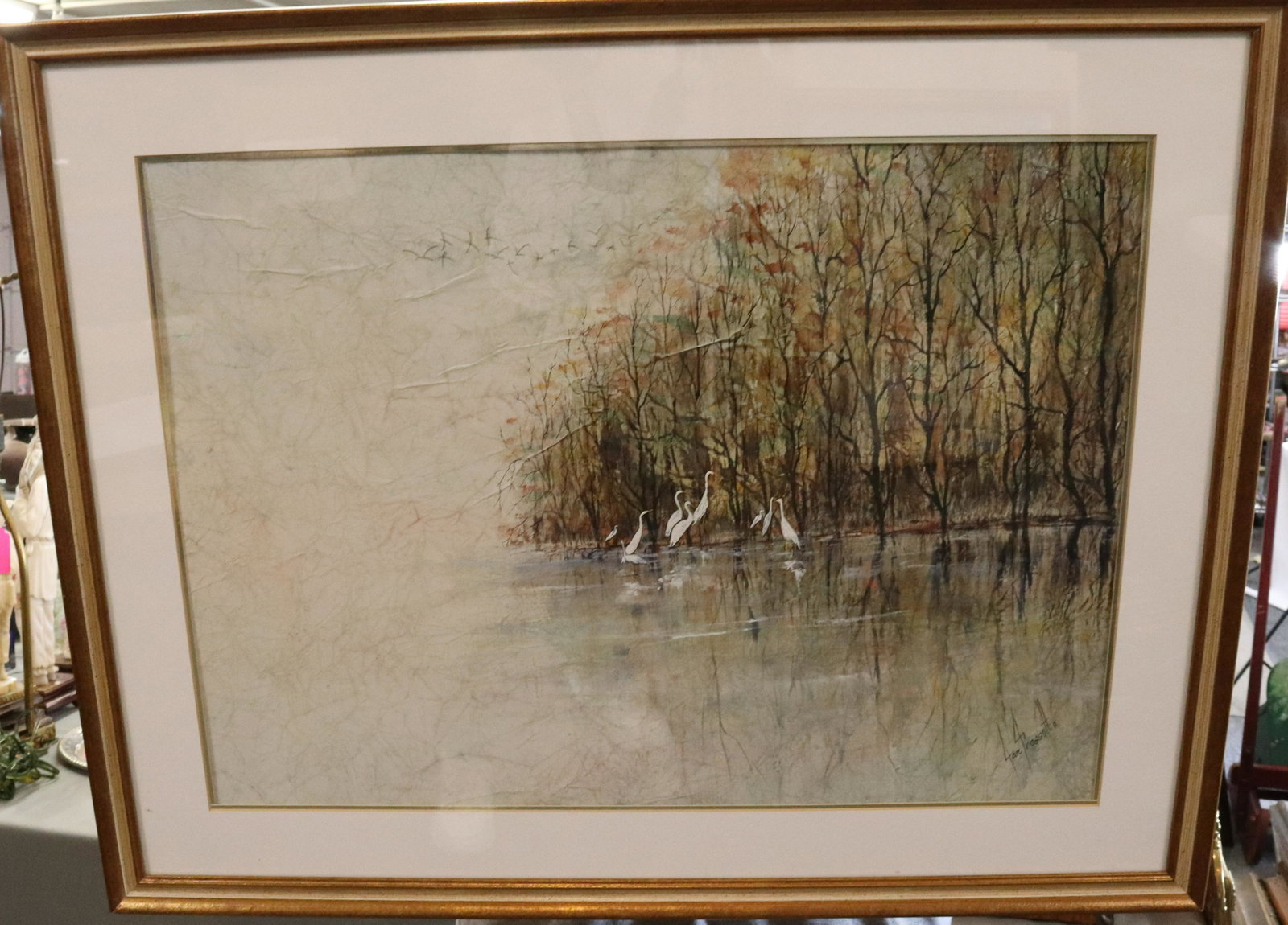 JAN FRASSETTO FRAMED WATERCOLOR: BIRDS ON WATER. SGND. BOTTOM RIGHT. MATTED AND FRAMED UNDER GLASS. SIGHT VIEW 17 3/4" X 23".