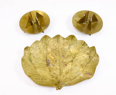 LOT OF BRASS: INCLUDING: PAIR OF CANDLEHOLDERS MRKD. PIERRE FORSELL, MADE IN SWEDEN NR. 20, SKULTUNA 1607. ALSO, BRASS LEAF MRKD. MAGNOLIA BY CAMBRON (8" X 6").