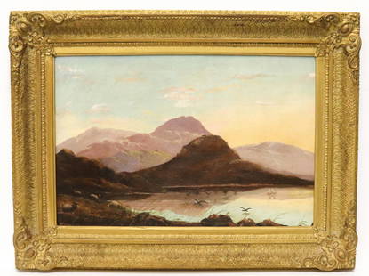 W.H. MARSH OIL ON CANVAS PAINTING: LANDSCAPE DEPICTING BOAT IN LAKE WITH MOUNTAINS BEHIND. SIGNED BOTTOM LEFT. FRAMED. SIGHT VIEW 15 1/4" X 23" Terms: Please read Carefully before bidding. This is a Two-Part Estate Sale. Pick-up for th