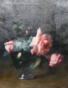 FREDERICK FENETTI OIL ON CANVAS STILL LIFE: AMERICAN (1854-1915). PINK ROSES IN GLASS VASE. SIGNED BOTTOM RIGHT. FRAME MRKD. ABRAHAM AND STRAUS, BROOKLYN. SIGHT VIEW 17 1/2" X 13 1/2". Terms: Please read Carefully before bidding. This