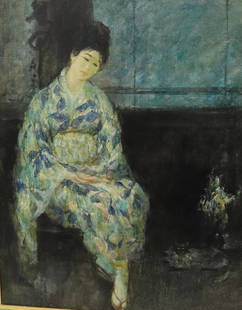 PORTRAIT OIL PAINTING ON BURLAP: SEATED A WOMAN IN KIMONO ASIDE OF CAT AND VASE WITH FLOWERS. UNSIGNED. FRAMED. SIGHT VIEW 45" X 35 1/2". Terms: Please read Carefully before bidding. This is a Two-Part Estate Sale. Pick-up for these