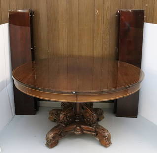 ROUND PEDESTAL TABLE WITH EXTENSIONS: BANDED INLAY WITH CARVED PEDESTAL BASE. MEASURES 30" X 54". (4) EXTENSIONS MEASURE 10 1/2" WIDTH. Terms: Please read Carefully before bidding. This is a Two-Part Estate Sale. Pick-up for these sales w