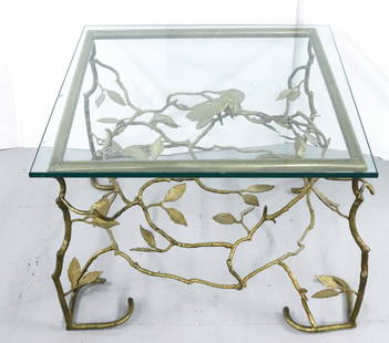 ITALIAN BRASS ORGANIC TABLE: HAND WROUGHT BRASS BASE WITH BRANCHES LEAVES AND CARDINAL IN CENTER 17 1/2"H X 25" X 25" Terms: Please read Carefully before bidding. This is a Two-Part Estate Sale. Pick-up for these sales will be Tu