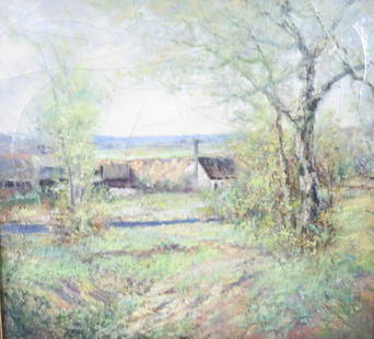 OIL ON CANVAS LANDSCAPE PAINTING: RURAL COUNTRY SCENE WITH COTTAGES IN THE DISTANCES SURROUNDED BY TREES AND FOLIAGE. HEAVY PAINT LAYERS. UNSIGNED. FRAMED. SIGHT VIEW 21 1/2" X 23 1/2". Terms: Please read Carefully before bidding. Thi