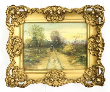 C. KINGINA OIL ON CANVAS PAINTING: HORSE AND CARRIAGE TRAVELING COUNTRY ROAD. SIGNED BOTTOM RIGHT. ORNATE FRAME. SIGHT VIEW 8 3/4" X 11 1/4". Terms: Please read Carefully before bidding. This is a Two-Part Estate Sale. Pick-up for thes