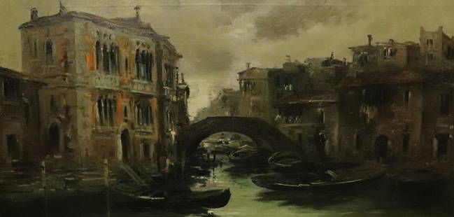 OIL ON CANVAS DEPICTING VENICE: CANALS OF VENICE SIGNED BOTTOM LEFT. FRAMED. LABELED ON BACK "MUSEUM GALLERIES, LTD. NEW YORK. SIGHT VIEW 23 3/4" X 47 3/4".. Terms: Please read Carefully before bidding. This is a Two-Part