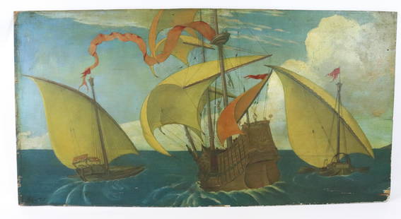 JACQUES TUIT OIL ON BOARD: DEPICTS THREE GALLEONS PAINTED ON WOODEN PANEL. SIGNED BOTTOM LEFT. UNFRAMED. MEASURES 23" X 44 1/2". Terms: Please read Carefully before bidding. This is a Two-Part Estate Sale. Pick-up for