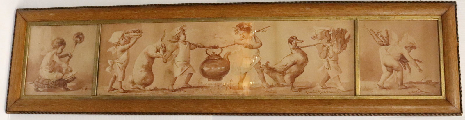 ALBERTINE RANDALL WHEELAN FRAMED PRINT: THREE PANEL OAK FRAME. MEASURES 14 1/4" X 58". Terms: Please read Carefully before bidding. This is a Two-Part Estate Sale. Pick-up for these sales will be Tuesday November 8th through Friday November