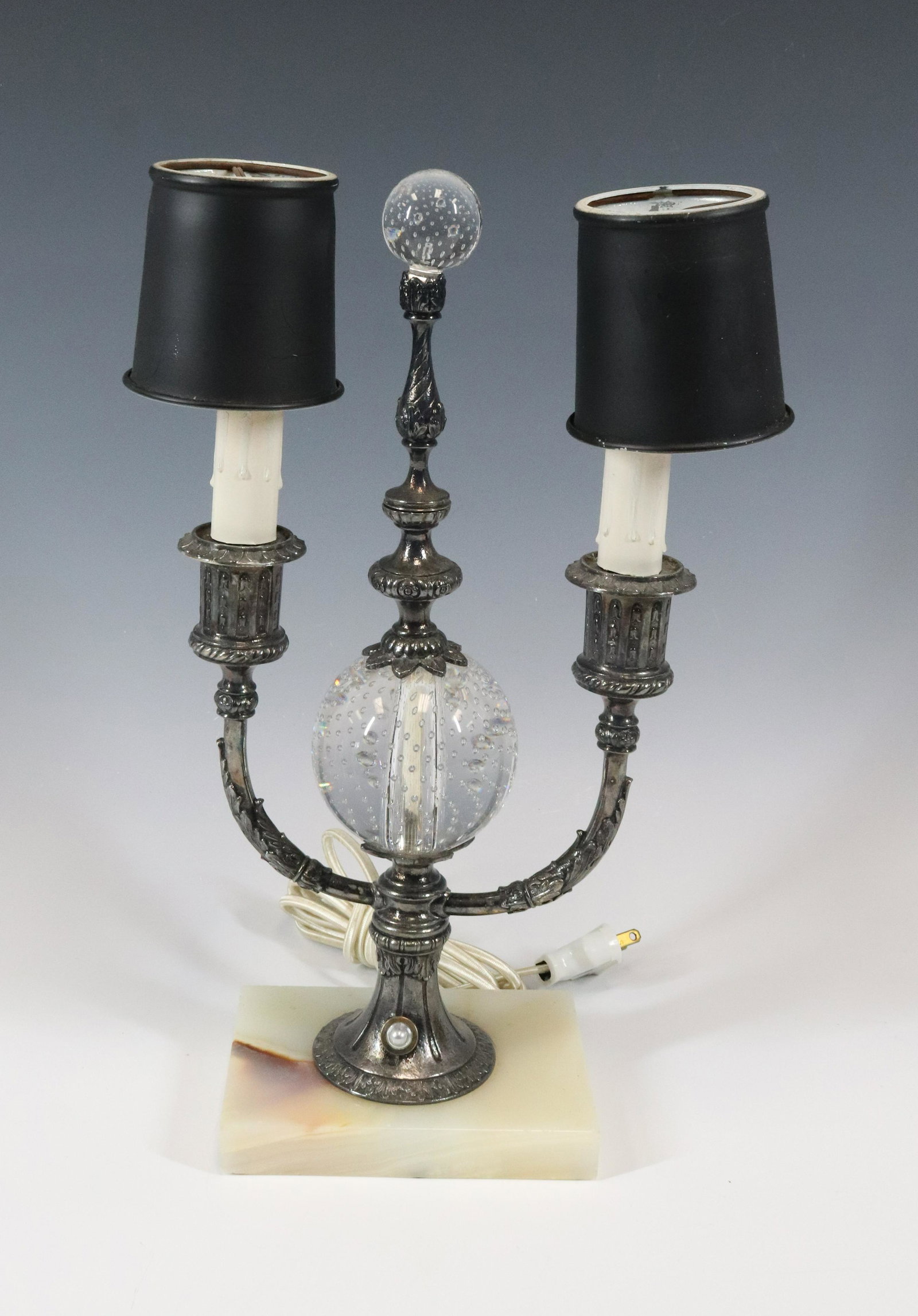SILVERPLATE FRENCH LAMP: DOUBLE LIGHT WITH SHADES AND ONYX BASE CONTROLLED BUBBLE GLASS FINIAL AND INSERT 14"H X 9" Terms: Please read Carefully before bidding. This is a Two-Part Estate Sale. Pick-up for these sales will be 