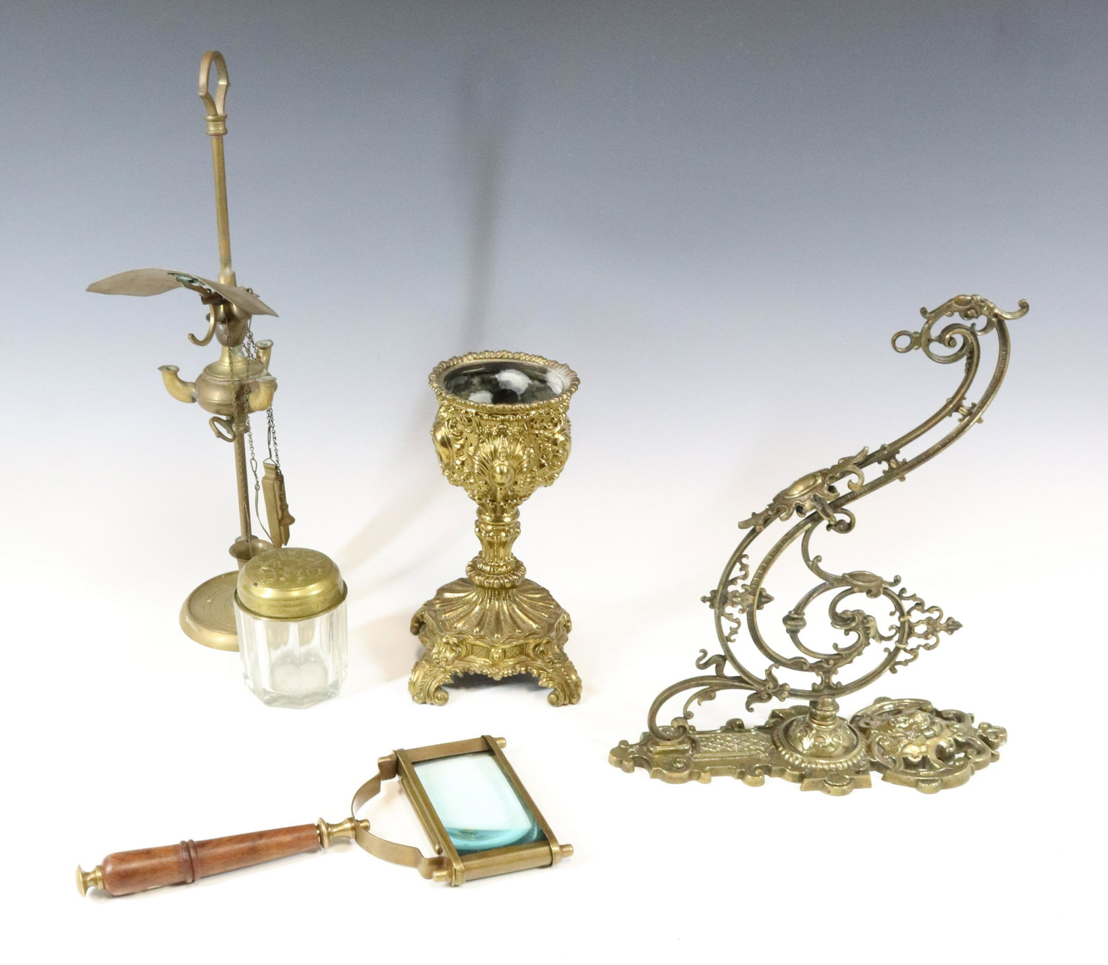 LIGHTING GROUP: BRASS WHALE OIL LAMP BRASS MAGNIFYING GLASS FRENCH BRACKET COPY SPELTER LAMP BASE 16 3/4"H Terms: Please read Carefully before bidding. This is a Two-Part Estate Sale. Pick-up for these sales will be 
