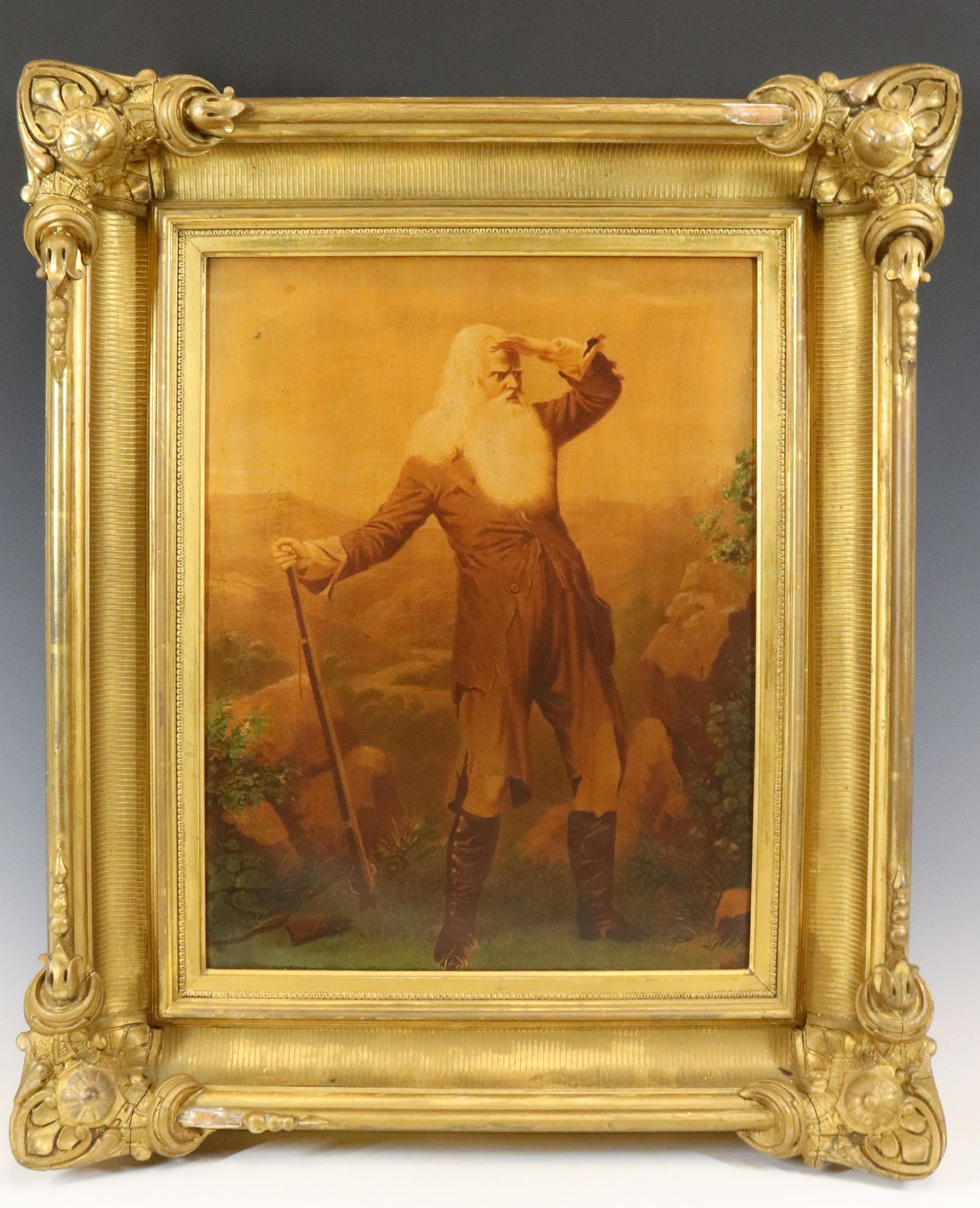 RIP VAN WINKLE PRINT ON CANVAS: PUBLISHED BY BENCKE & SCOTT (MRKD. ON FRONT AND BACK OF CANVAS). GOLD FRAME. SIGHT VIEW 18" X 14" Terms: Please read Carefully before bidding. This is a Two-Part Estate Sale. Pick-up for these sales w