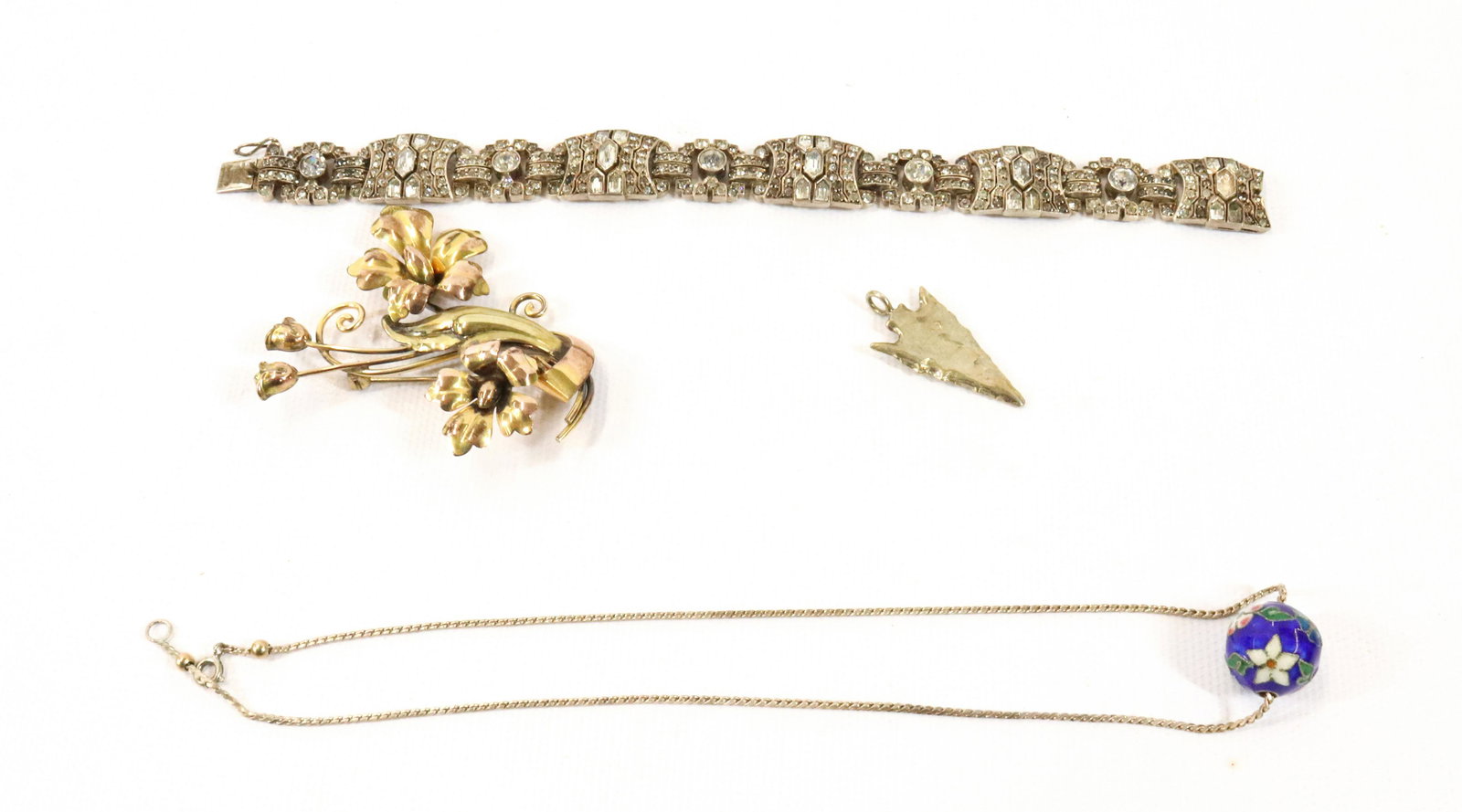 STERLING SILVER JEWELRY: (4) STERLING GERMANY PASTE BRACELET, GOLD PLATED STERLING BROOCH ARROW PENDANT AND CLOISONNE BEAD ON CHAIN BRACELET 7" X 5/8" Terms: Please read Carefully before bidding. This is a Two-Part Estate Sal