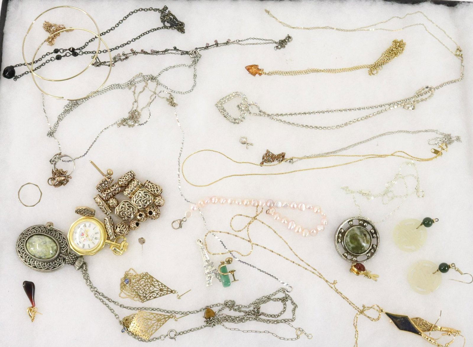 JEWELRY TRAY GROUP: NECKLACES, JADE EARRINGS, SCOTTISH METAL BEADS, EARRINGS ETC. 16"TO 18' Terms: Please read Carefully before bidding. This is a Two-Part Estate Sale. Pick-up for these sales will be Tuesday November 8t