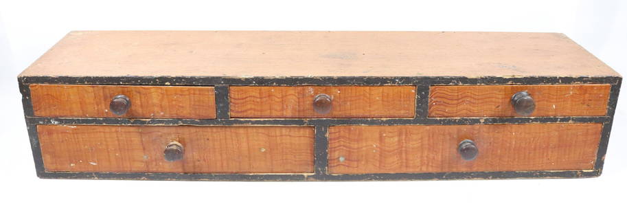 PAINT DECORATED DESK INSERT: ANTIQUE DESK INSERT, PAINTED RED DRAWER FRONTS AND BLACK TRIM - THREE OVER 2 DRAWERS, 33" X 8" X 6 1/2" Please Read Carefully before Bidding. Hartzell’s Auction Gallery Inc. will Conduct an