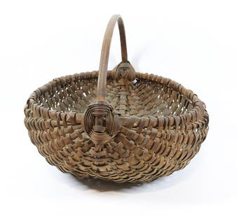 19TH CENTURY GATHERING BASKET: BUTTOCKS STYLE WITH BENT WOOD HANDLE, DARK SURFACE - 13" X 16" X 15" Please Read Carefully before Bidding. Hartzell’s Auction Gallery Inc. will Conduct an ON-SITE and also ON-LINE Auction at