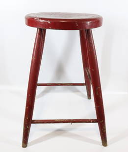 RED PAINTED WOODEN STOOL: ROUND SEAT WITH ORIGINAL RED PAINT, 23" X 14" Please Read Carefully before Bidding. Hartzell&#8217;s Auction Gallery Inc. will Conduct an ON-SITE and also ON-LINE Auction at 2481 Belvidere Rd, Phillip