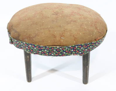 OVAL UPHOLSTERED FOOTSTOOL: UPHOLSTERED TOP WITH PAINTED WOODEN PEG LEGS - 7 1/2" X 10 1/2" X 9" Please Read Carefully before Bidding. Hartzell’s Auction Gallery Inc. will Conduct an ON-SITE and also ON-LINE Auction at