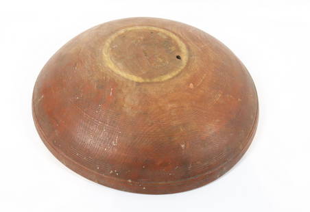 19TH CENTURY PAINTED WOODEN BOWL: TURNED WOODEN BOWL IN ORIGINAL RED PAINT, WITH FOOT - 3 1/2" X 13 1/4" 12 3/4" Please Read Carefully before Bidding. Hartzell’s Auction Gallery Inc. will Conduct an ON-SITE and also ON-LINE