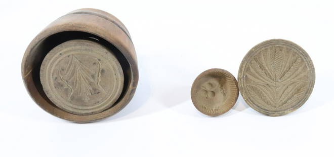 EARLY WOODEN BUTTER STAMP LOT: (3) INCLUDING; SMALL STAMP WITH CHERRIES, FLORAL DECORATION, AND TWO-PIECE BUTTER MOLD WITH FLORAL DESIGN - 2 1/4", 3 1/2", 4 3/4" Please Read Carefully before Bidding. Hartzell’s Auction