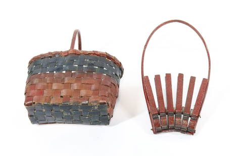 PAINTED WOODEN BASKET: BLACK AND RED PAINTED BASKET, WITH HANDMADE CLOTHESPIN WALL POCKET - 8" X 8" X 4 1/4" Please Read Carefully before Bidding. Hartzell’s Auction Gallery Inc. will Conduct an ON-SITE and also