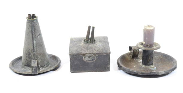 LOT OF EARLY TIN LIGHTING: (3) EARLY LIGHTS INCLUDING; CANDLE HOLDER AND (2) WHALE OIL LIGHTS - 4 1/4" TALLEST Please Read Carefully before Bidding. Hartzell’s Auction Gallery Inc. will Conduct an ON-SITE and also