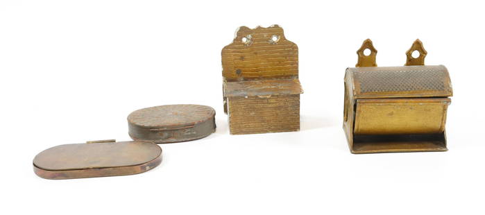 ANTIQUE MATCH AND TOBACCO BOX, LOT: INCLUDING; GRAIN PAINTED MATCH HOLDER, GOLD PAINTED HOLDER, EMBOSSED TOBACCO BOX, AND UNUSUAL HEAVY BRASS LIDDED CONTAINER - GOLD PAINTED MATCH HOLDER 3" X 3" X 2 1/2" Please Read Carefully before