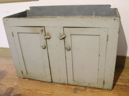 PAINTED COUNTRY DRY SINK: GREY PAINTED SURFACE WITH ZINC LINER, TWO PANEL DOORS WITH INTERIOR SHELVES - 32" X 48" X 19" Please Read Carefully before Bidding. Hartzell’s Auction Gallery Inc. will Conduct an ON-SITE and