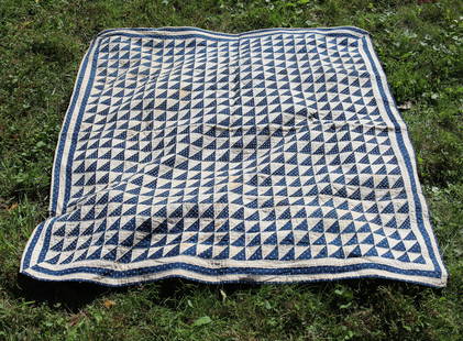 ANTIQUE HAND STITCHED QUILT: BLUE AND WHITE CRIB QUIT, FLYING GEESE WITH BLUE BORDER - 46" X 46" Please Read Carefully before Bidding. Hartzell’s Auction Gallery Inc. will Conduct an ON-SITE and also ON-LINE Auction at