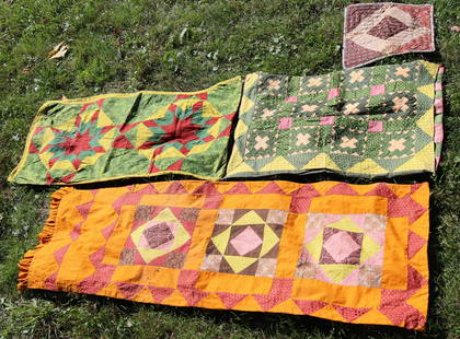 LOT OF ANTIQUE TEXTILES: (4) INCLUDING; (2) SMALL QUILTED MAT, QUILTED PILLOW SHAM, QUILTED TABLE RUNNER - TABLE RUNNER WITH RUFFLE 48" X 16" Please Read Carefully before Bidding. Hartzell’s Auction Gallery Inc. will