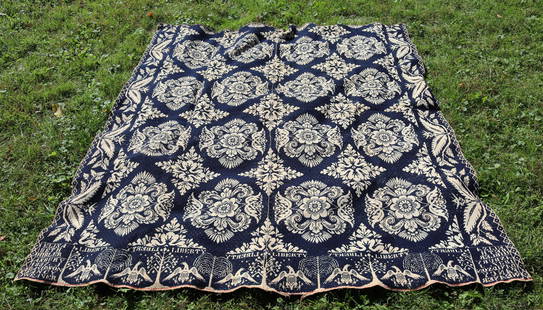 ANTIQUE BLUE AND WHITE TWO-PIECE COVERLET: BLUE AND WHITE FLORAL MEDALLIONS WITH EAGLE, TREE, LIBERTY BORDER - MARKED; ELIZABETH HIBLER, ASBURY N.J. 1837, DAVIDSON FANCY WEAVER - SUMMER AND WINTER - 80" X 68" Please Read Carefully before Biddi