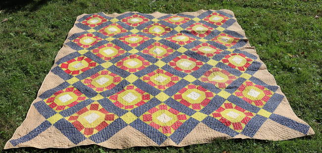 19TH CENTURY HAND STITCHED QUILT: BLUE, RED, YELLOW, AND CREAM FABRICS - 92" X 82" Please Read Carefully before Bidding. Hartzell’s Auction Gallery Inc. will Conduct an ON-SITE and also ON-LINE Auction at 2481 Belvidere Rd, Phil