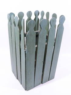 FOLK ART PAINTED UMBRELLA HOLDER: GREEN PAINTED, FENCE DESIGN - 17 1/2" X 11" X 10 1/2" Please Read Carefully before Bidding. Hartzell’s Auction Gallery Inc. will Conduct an ON-SITE and also ON-LINE Auction at 2481 Belvidere