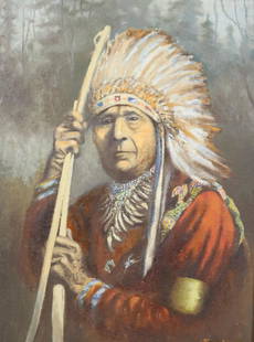 FREDERICK B. JOHNSON, OIL ON BOARD: CHIEF SITTING BULL SIGNED AND DATED LOWER RIGHT, 1930 - IN PAINTED FRAME, 20" X 15" Please Read Carefully before Bidding. Hartzell’s Auction Gallery Inc. will Conduct an ON-SITE and also