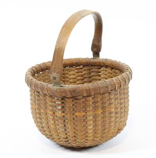 ANTIQUE NANTUCKET BASKET: SWING HANDLE WITH TURNED WOODEN BOTTOM, GOOD DARK SURFACE - 4" X 5 1/2" Please Read Carefully before Bidding. Hartzell’s Auction Gallery Inc. will Conduct an ON-SITE and also ON-LINE Auction