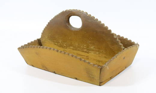 PAINTED WOODEN CARRIER: YELLOW PAINTED FLATWARE CARRIER, WITH NOTCHED EDGES -6 1/2" X 12" X 8 1/2" Please Read Carefully before Bidding. Hartzell’s Auction Gallery Inc. will Conduct an ON-SITE and also ON-LINE