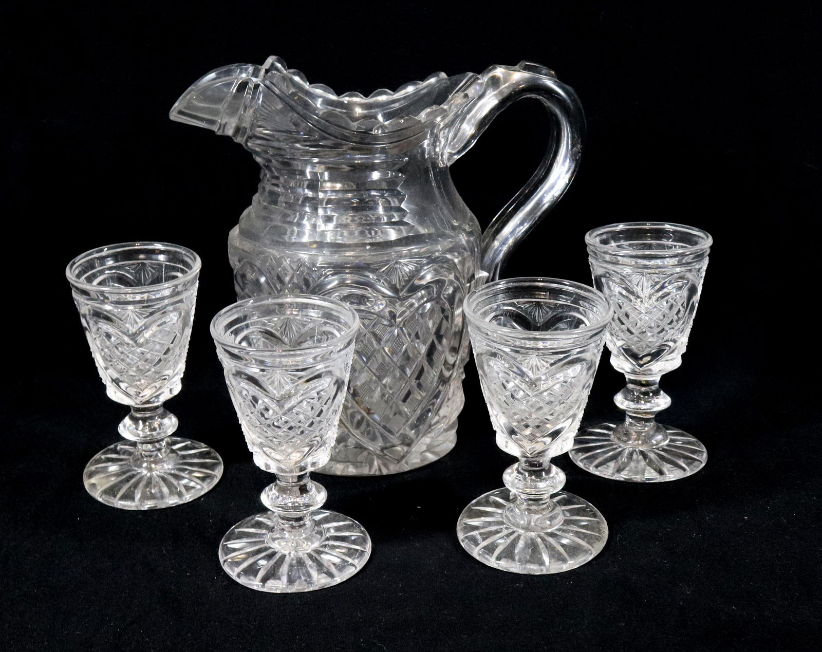 EARLY CUT GLASS PITCHER AND GLASSES (1 of 5)